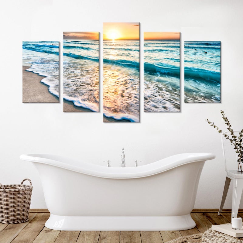 Goldfoilart 5 Pieces Beach Coastal Wall Art Sea Sunset Seascape Pictures Ocean Photography Canvas Large Horizontal Landscape Multi Framed Artwork for Bedroom Living Room Bathroom Wall Decor - Image 4